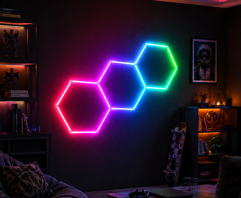 Συνδεσιμό μέλισσο μόντωμα RGB LED εξαγωνικό σύστημα φωτισμού σχεδιασμένο για εργαστήρια γυμναστηρίου γκαράζ και γραφεία οροφή φωτισμού ανάγκες
