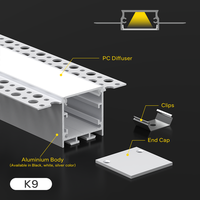 Προφίλ από κράμα αλουμινίου σειράς 6000 K&C LED οριζόντια φώτα οροφής και τοίχου, κλειστό ενσωματωμένο καναλιού K9